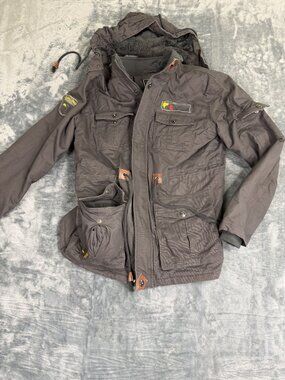 Outdoor Jacket With Faux Fur Lining Multiple Pockets & Hood Mens Size S